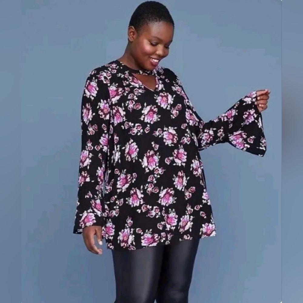 Lane Bryant floral tunic blouse, long sleeve black, size 14
